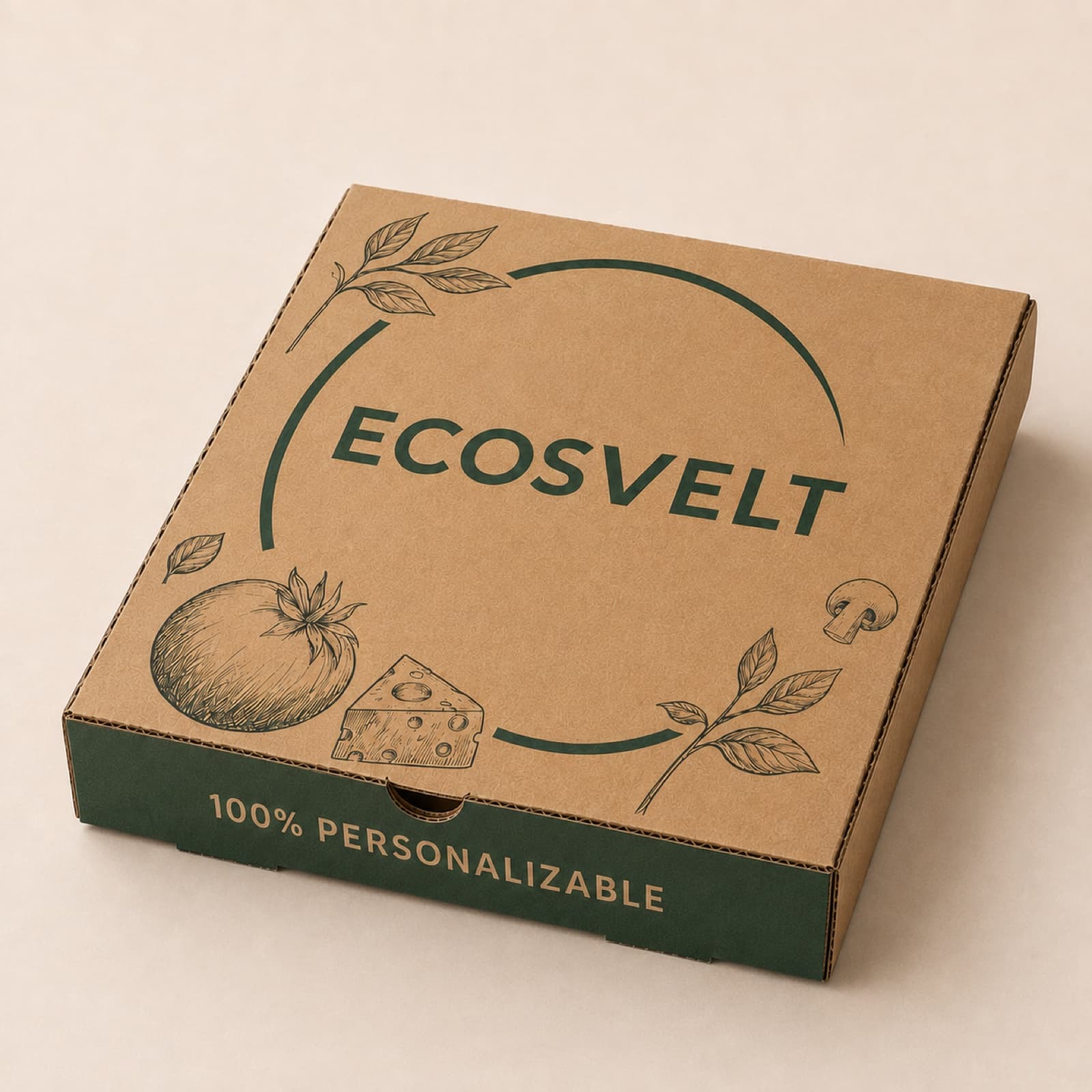 Caja de pizza EcoSvelt de cartón corrugado impresa con tinta verde