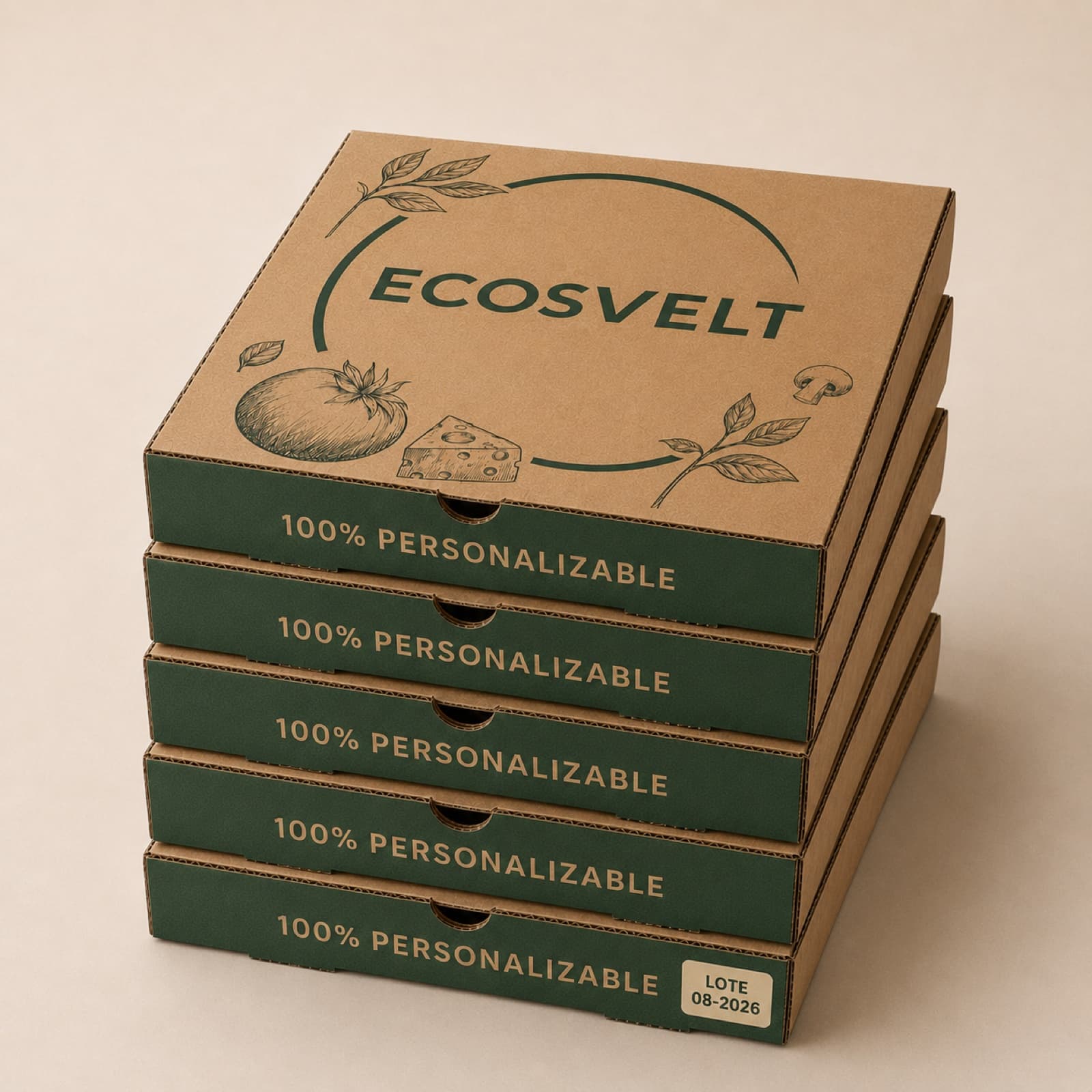 Pila de cajas de pizza EcoSvelt impresas con tinta verde